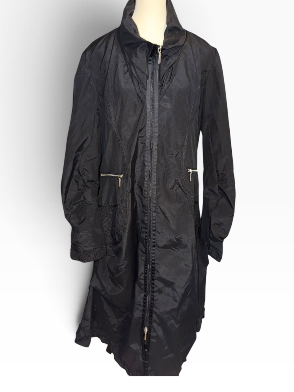 Pile Ou Face Rain Long Zip Up Jacket Sz 6 black Boho Style Side & Zip Pocket